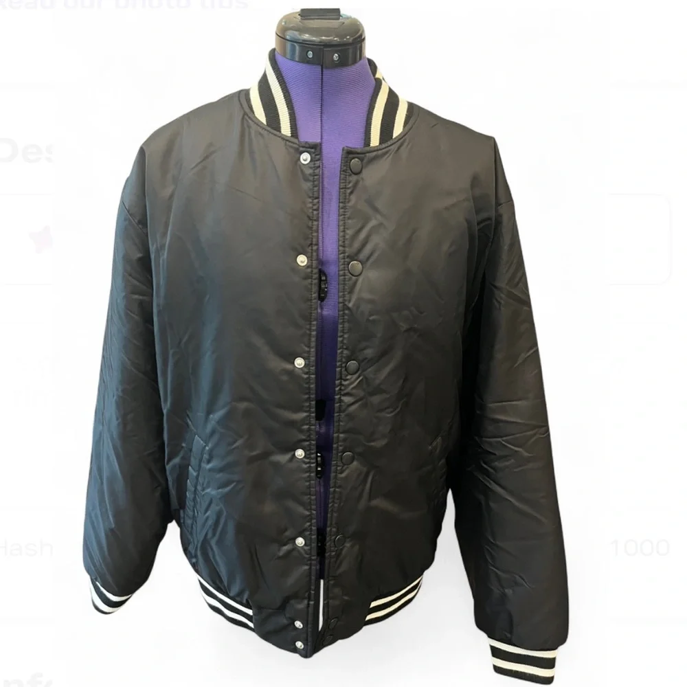 Aritzia TNA Womens Medium Bomber Stadium Jacket Black Satin Varsity Y2K - Picture 3 of 10